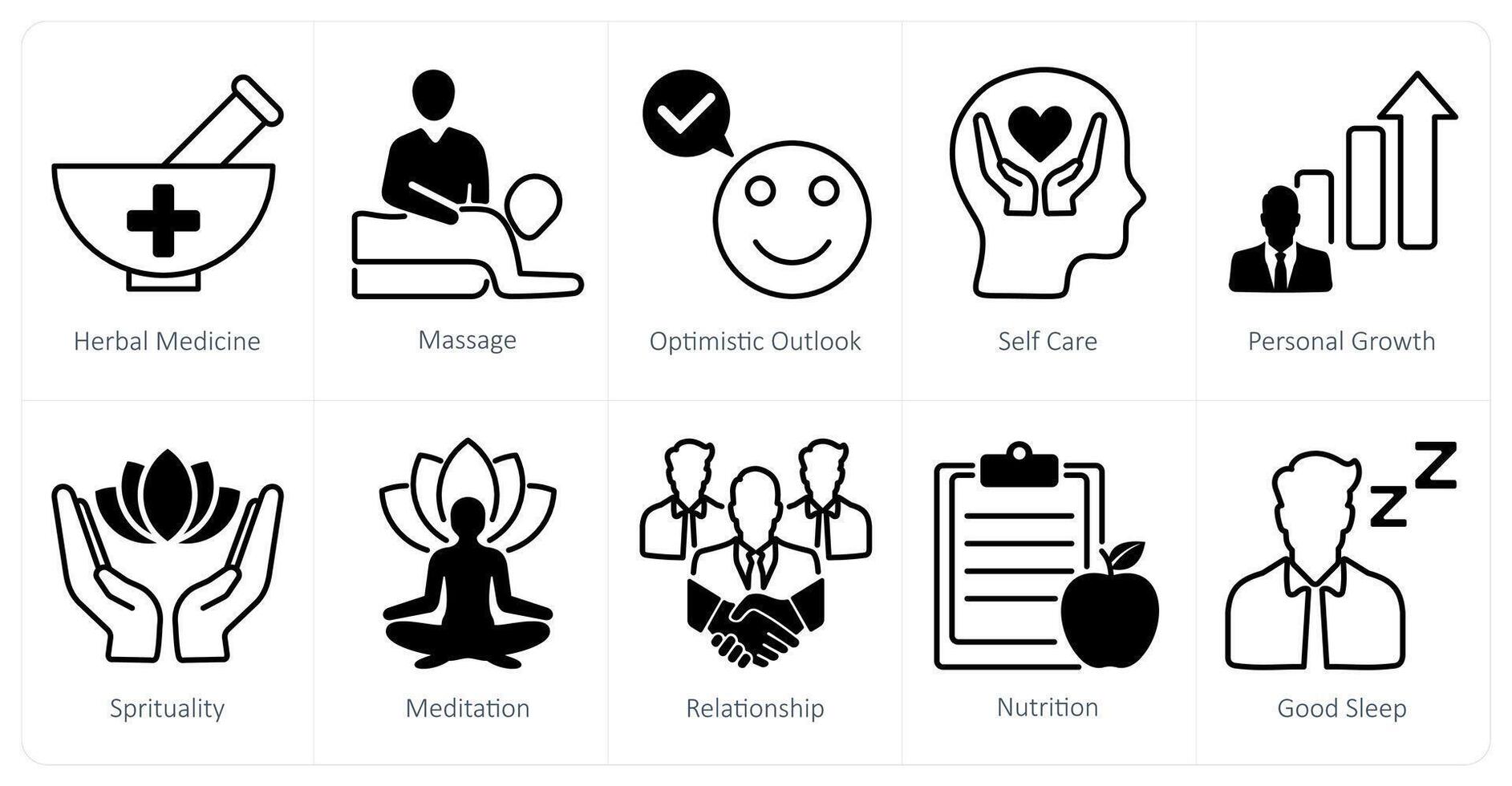 A set of 10 wellness icons as herbal medicine, massage, optimistic outlook vector