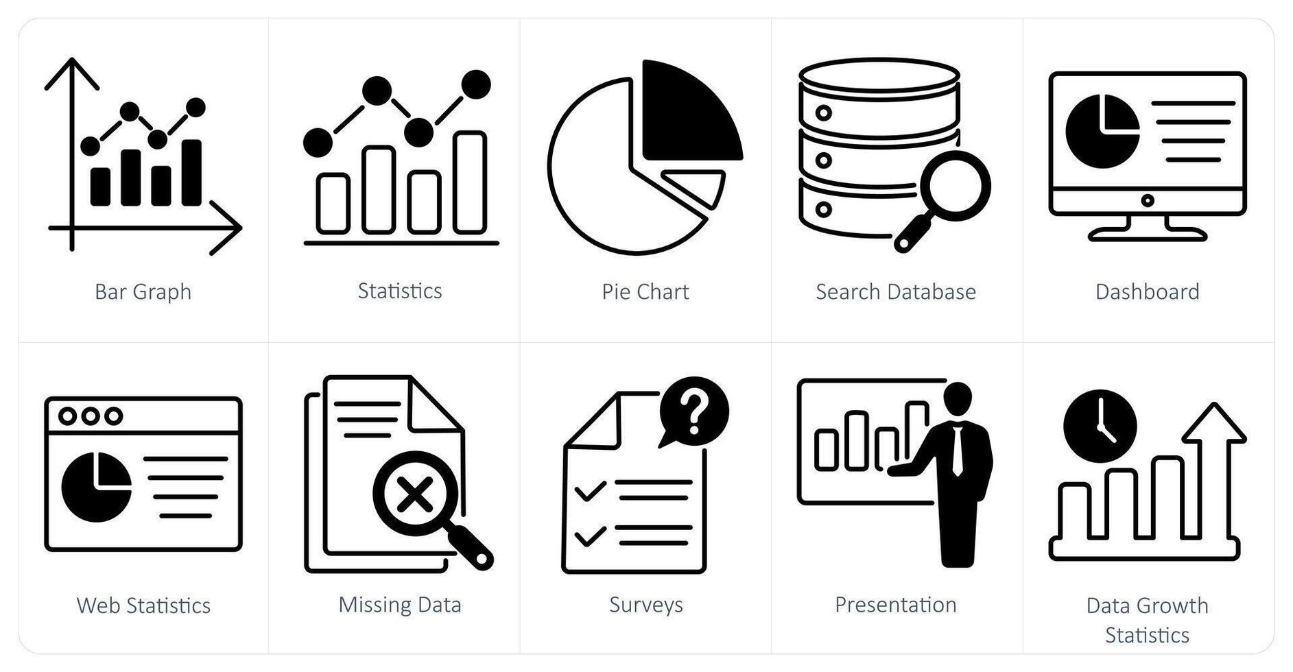 A set of 10 statistics icons as bar graph, statistics, pie chart vector