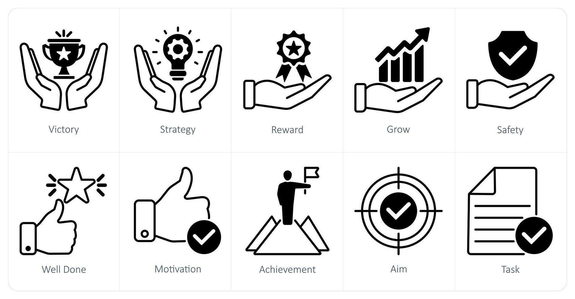 A set of 10 success icons as victory, strategy, reward vector