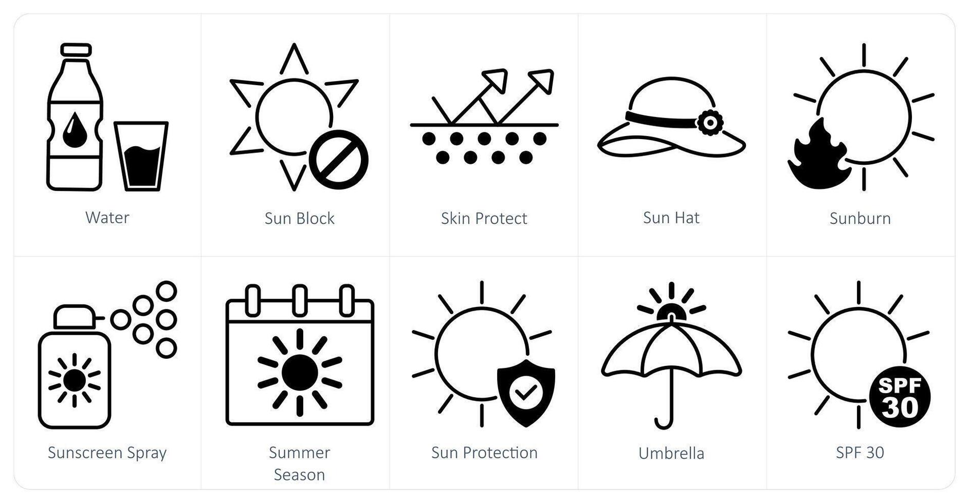 A set of 10 sun protection icons as water, sun block, skin protect vector