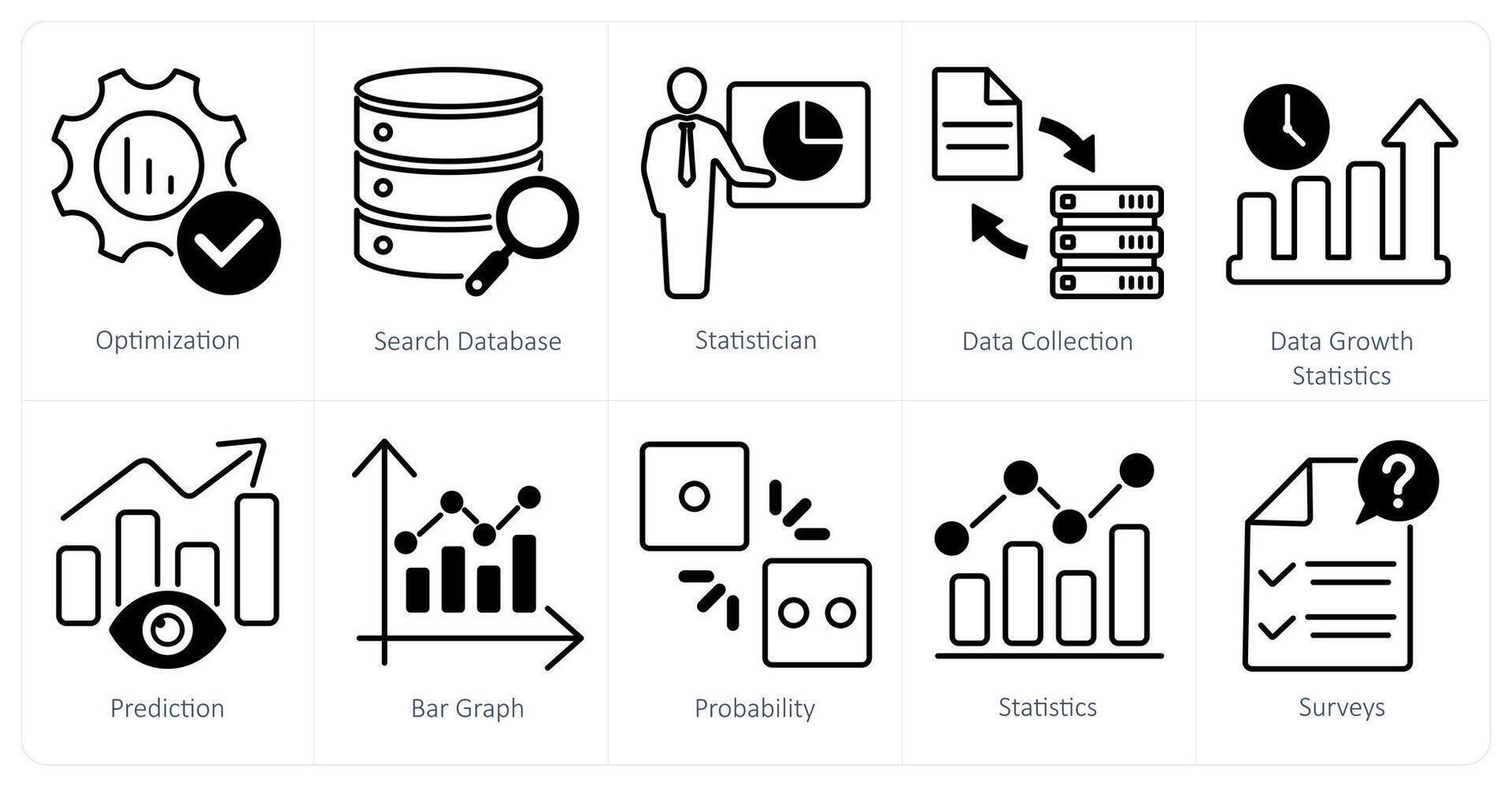 A set of 10 statistics icons as optimization, search database, statistician vector