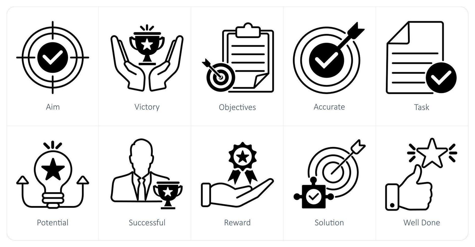 A set of 10 success icons as aim, victory, objectives vector