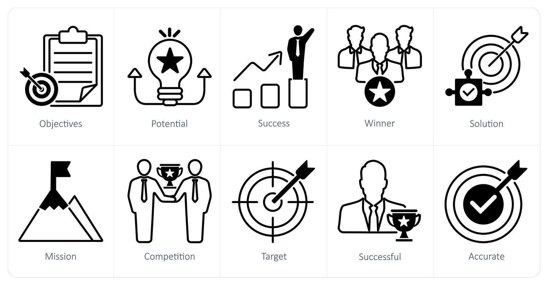 A set of 10 success icons as objectives, potential, success vector