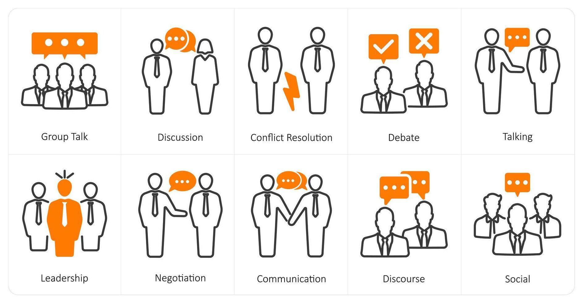 A set of 10 mix icons as group talk, discussion, conflict resolution vector