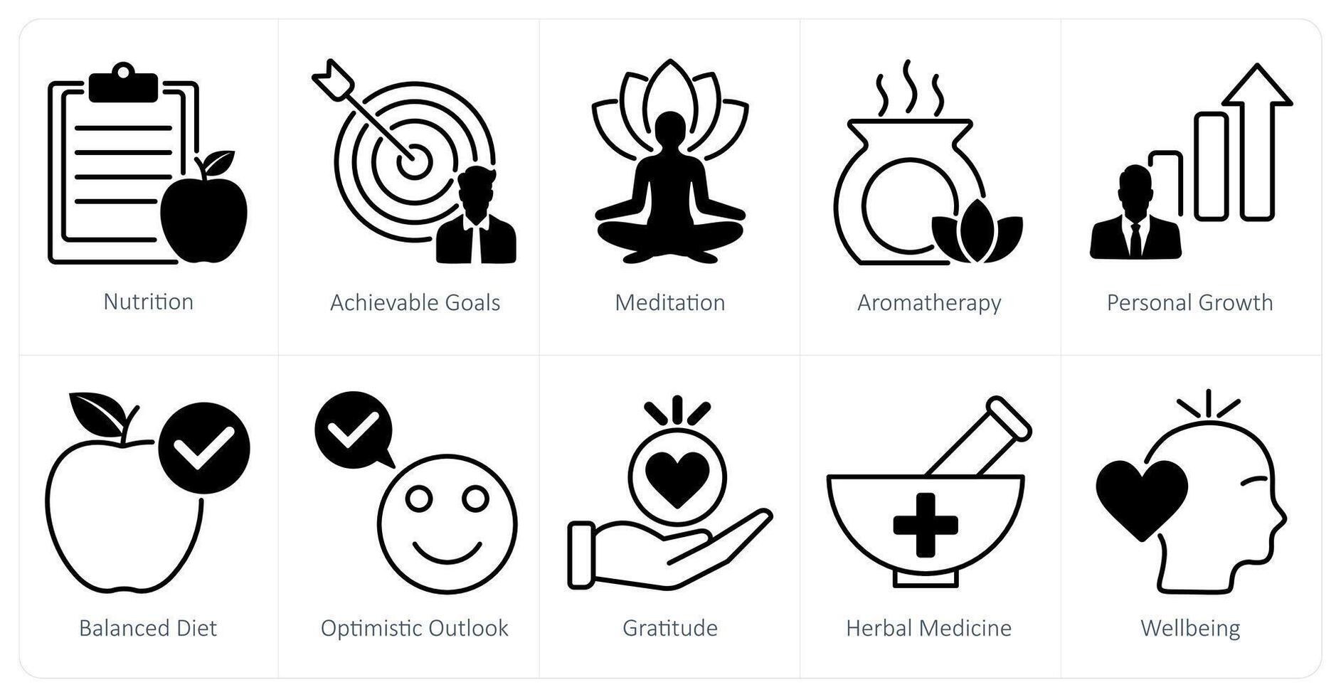 A set of 10 wellness icons as nutrition, achievable goals, meditation vector