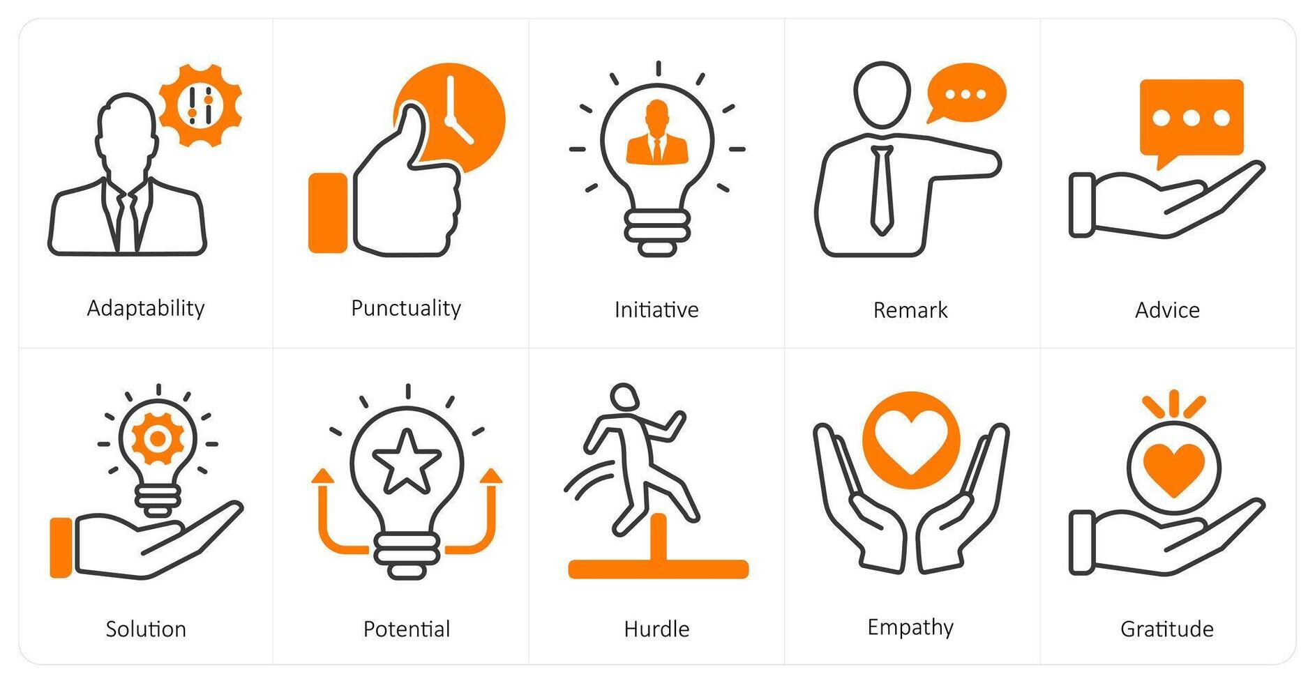 A set of 10 mix icons as adaptability, punctuality, initiative vector