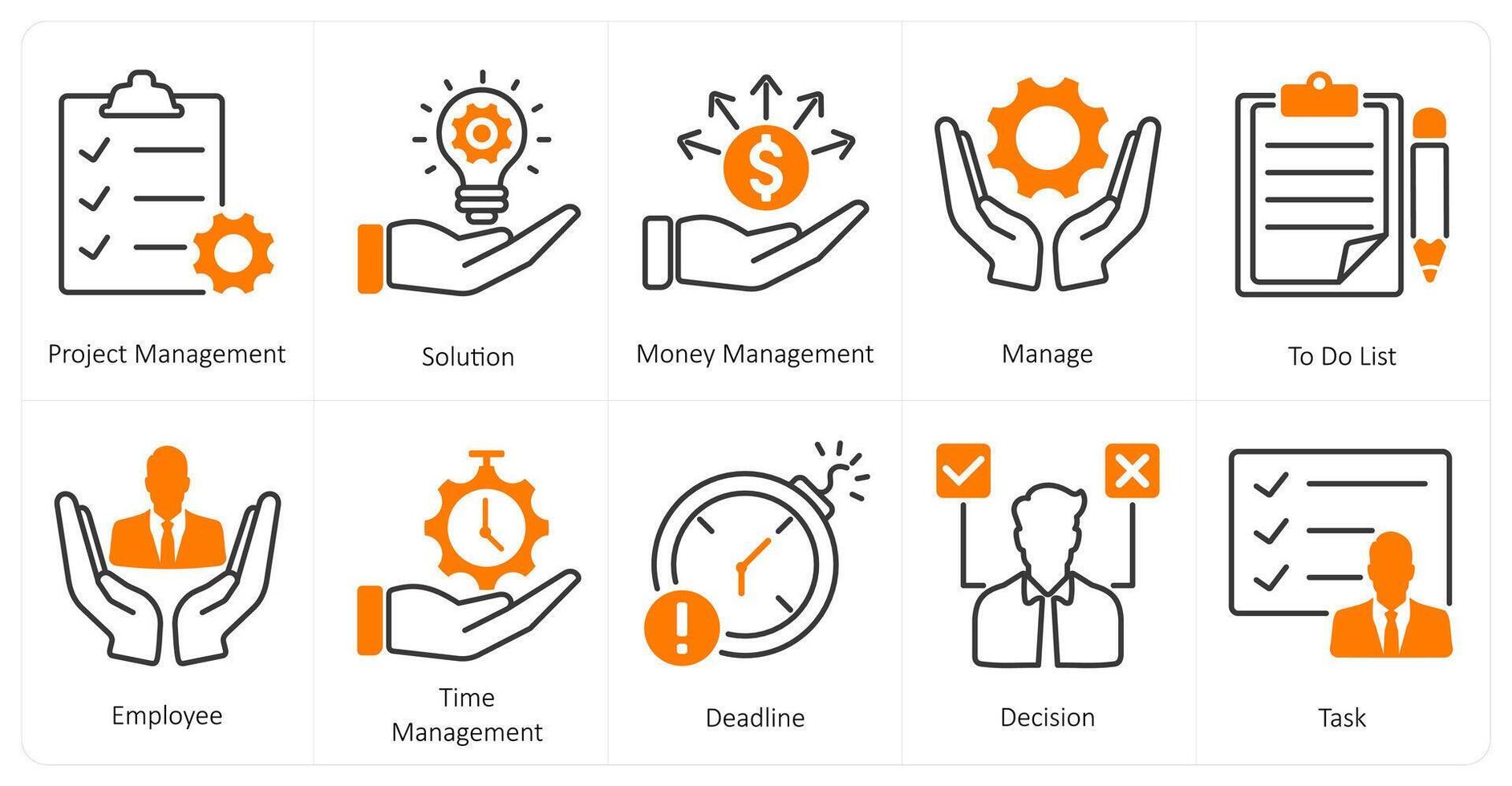 A set of 10 mix icons as project management, solution, money management vector