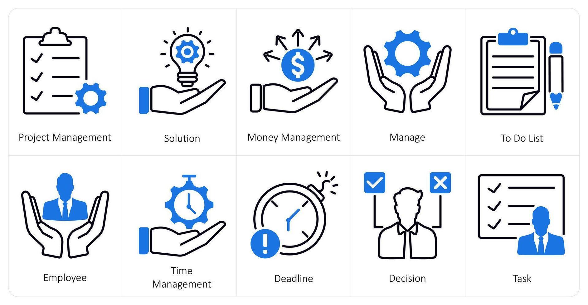 A set of 10 mix icons as project management, solution, money management vector