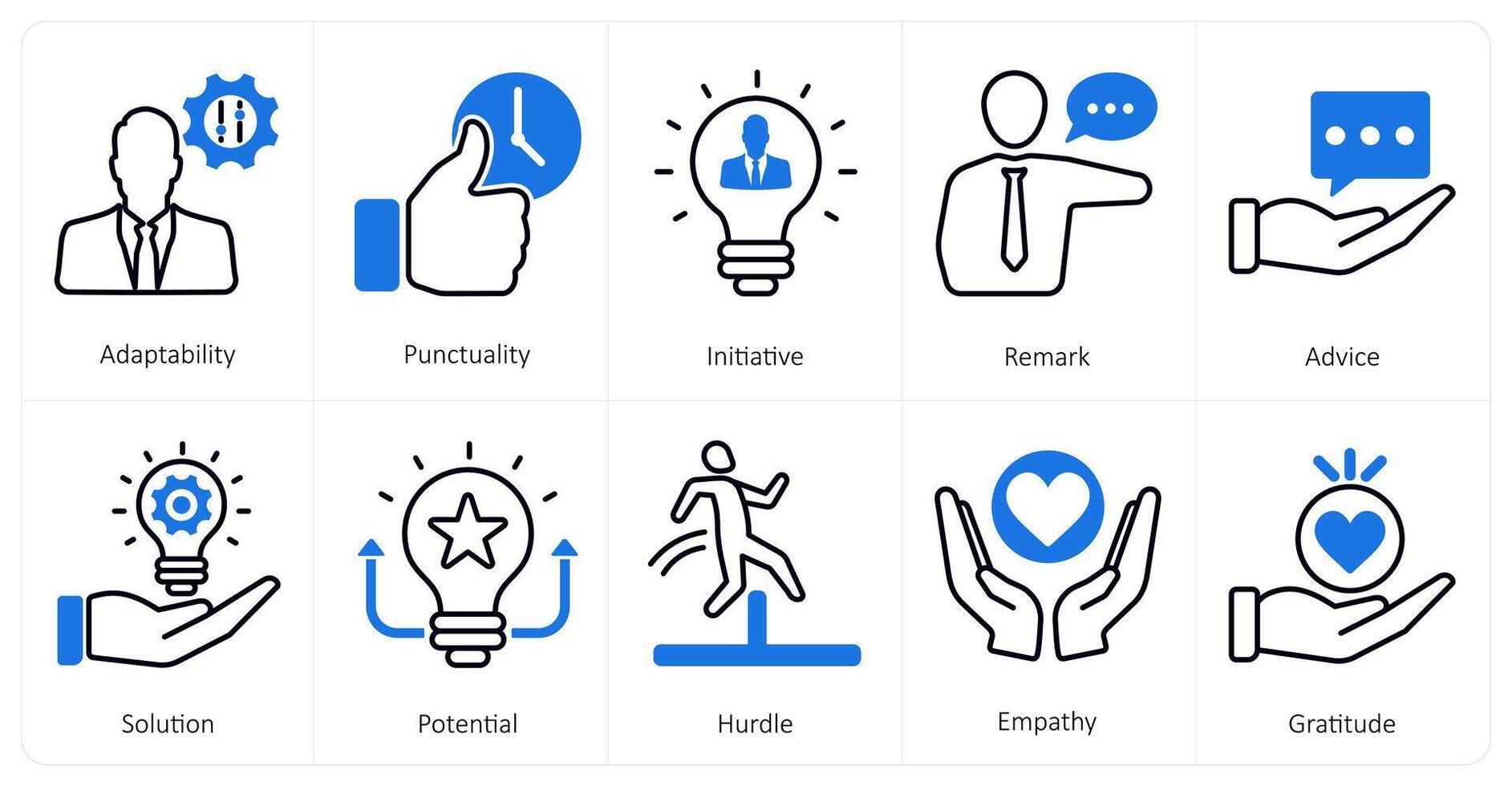 A set of 10 mix icons as adaptability, punctuality, initiative vector