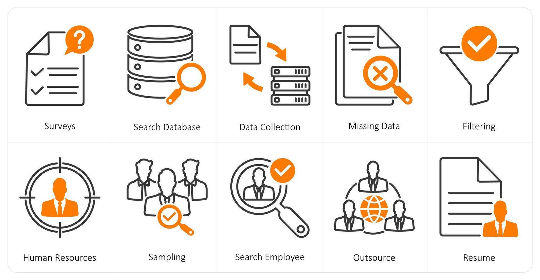 A set of 10 mix icons as surveys, search database, data collection vector