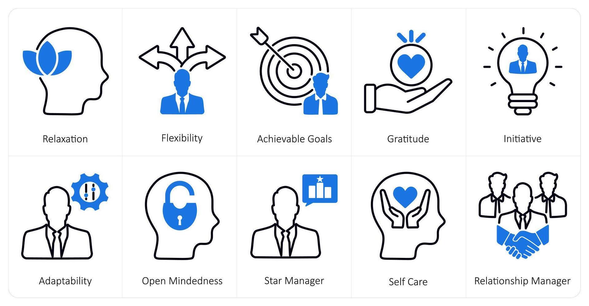 A set of 10 mix icons as relaxation, flexibility, achievable goals vector