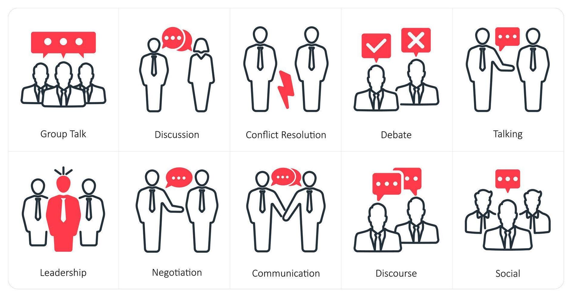 A set of 10 mix icons as group talk, discussion, conflict resolution vector