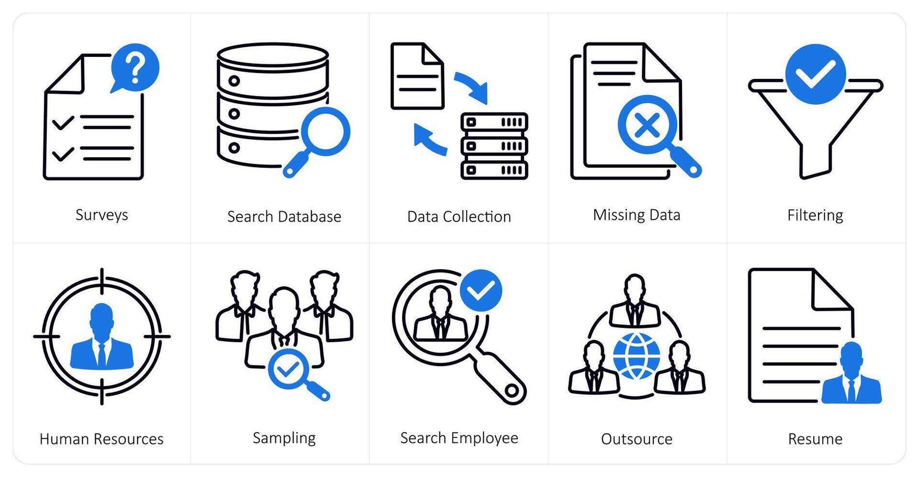 un conjunto de 10 mezcla íconos como encuestas, buscar base de datos, datos colección vector