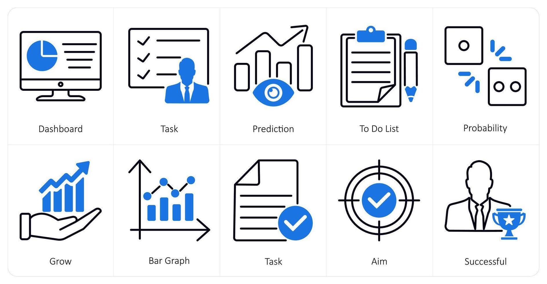 A set of 10 mix icons as dashboard, task, prediction vector