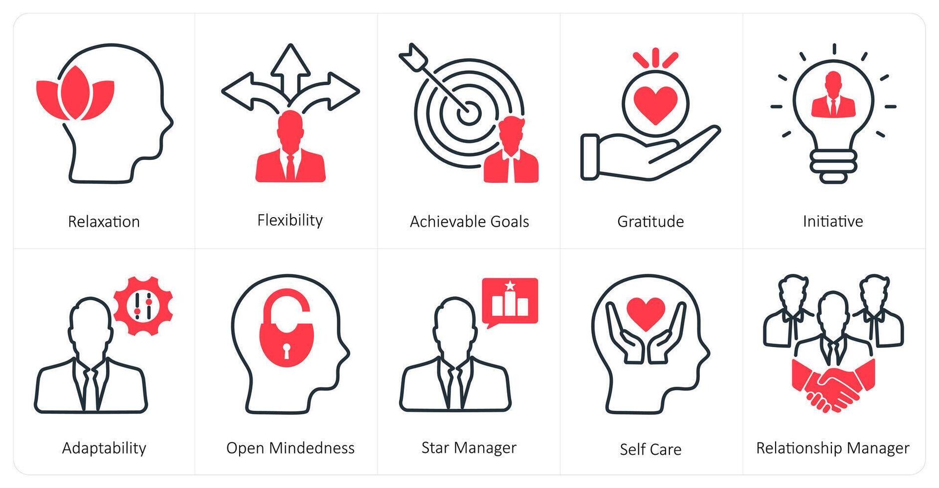 A set of 10 mix icons as relaxation, flexibility, achievable goals vector