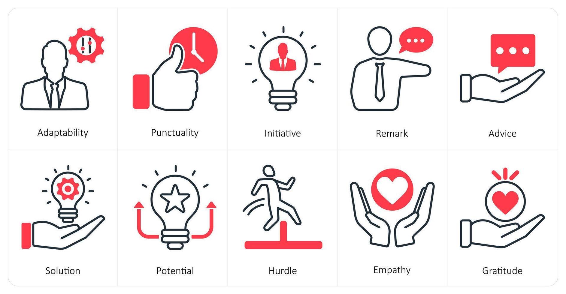 A set of 10 mix icons as adaptability, punctuality, initiative vector