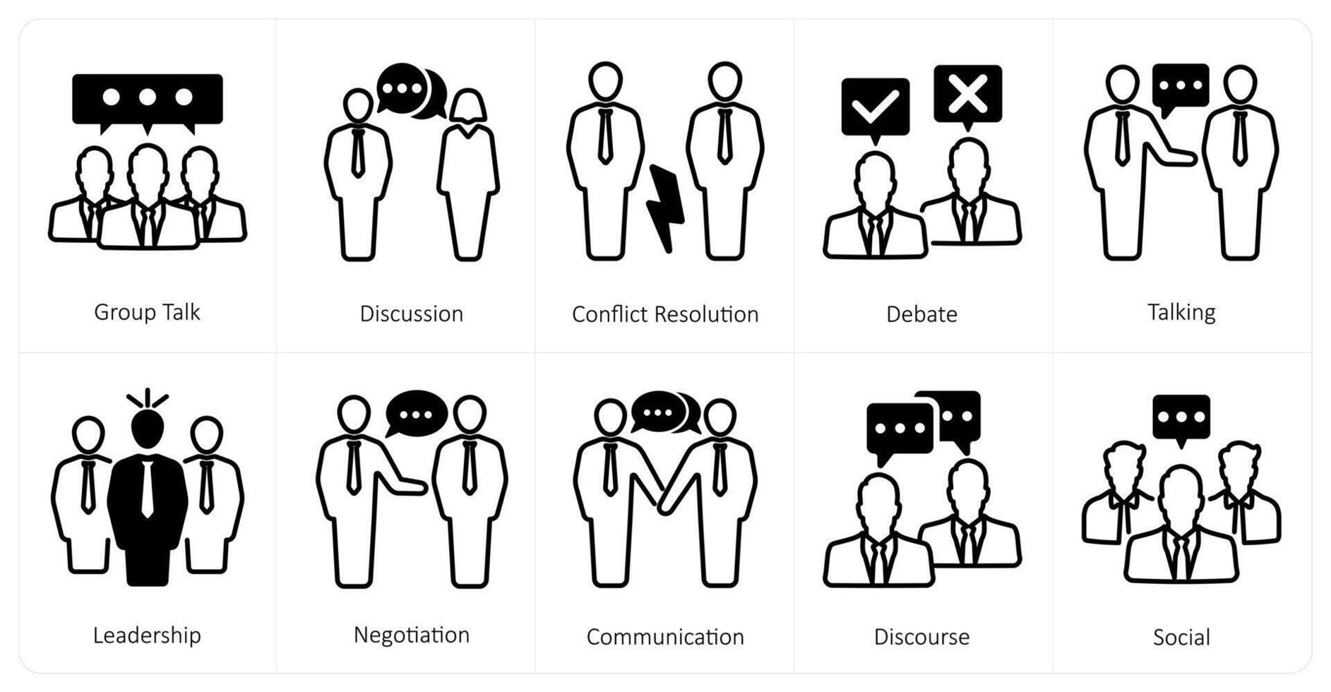 A set of 10 mix icons as group talk, discussion, conflict resolution vector