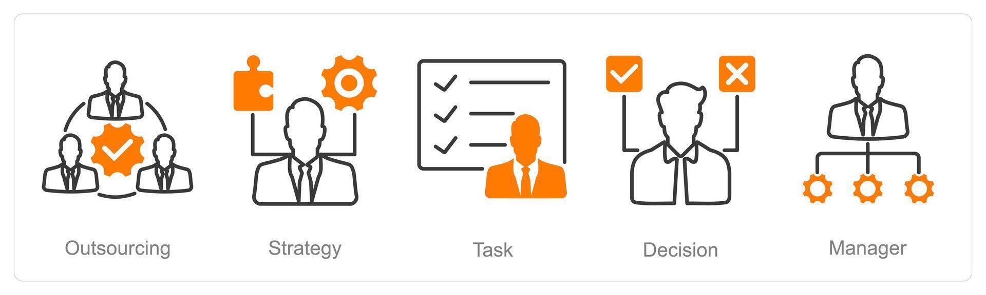 A set of 5 Project Management icons as outsourcing, strategy, task vector