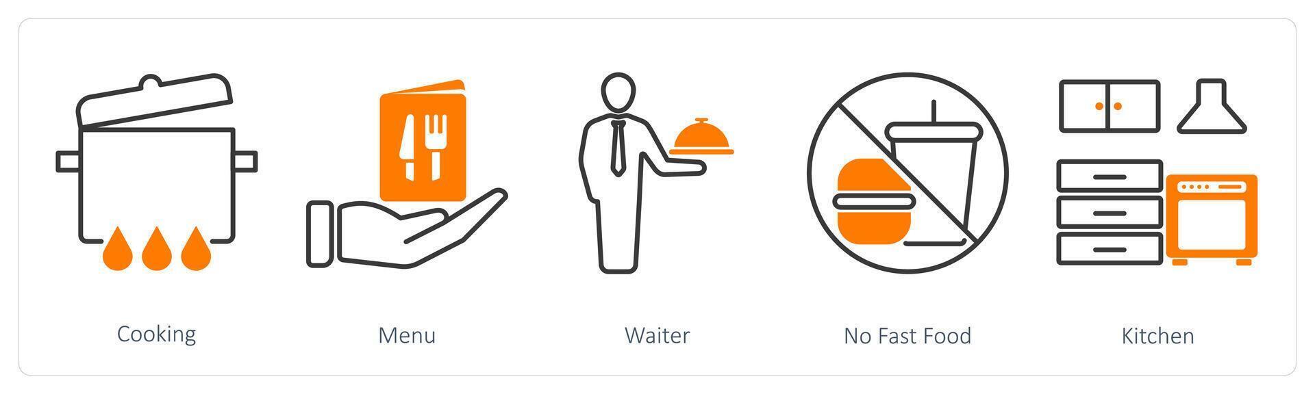 A set of 5 Restaurant icons as cooking, menu, waiter vector