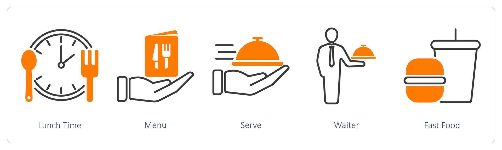 A set of 5 Restaurant icons as lunch time, menu, serve vector