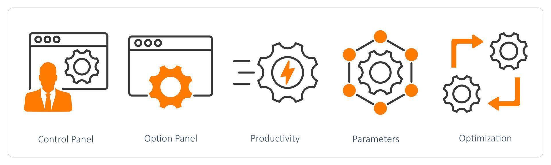A set of 5 Settings icons as control panel, option paanel, productivity vector