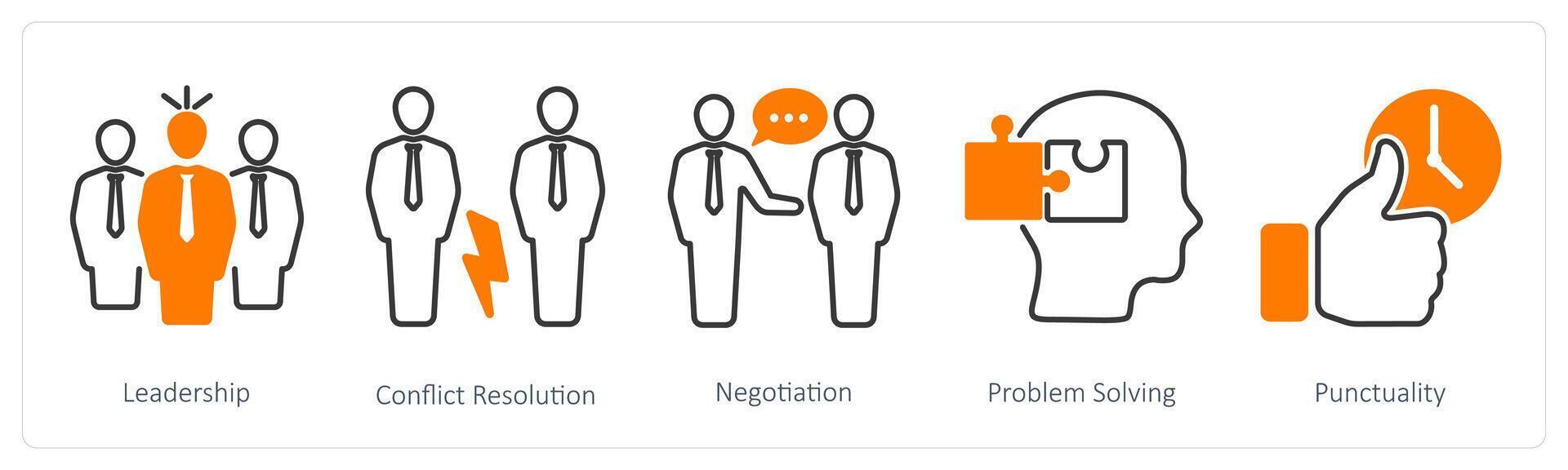 A set of 5 Soft Skills icons as leadership, conflict resolution, negotiation vector