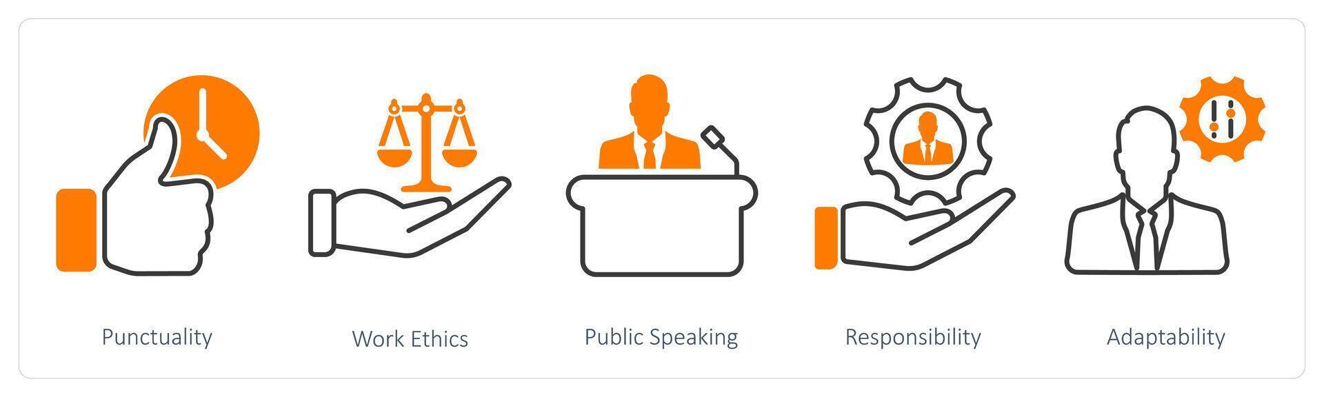 A set of 5 Soft Skills icons as punctuality, work ethics, public speaking vector