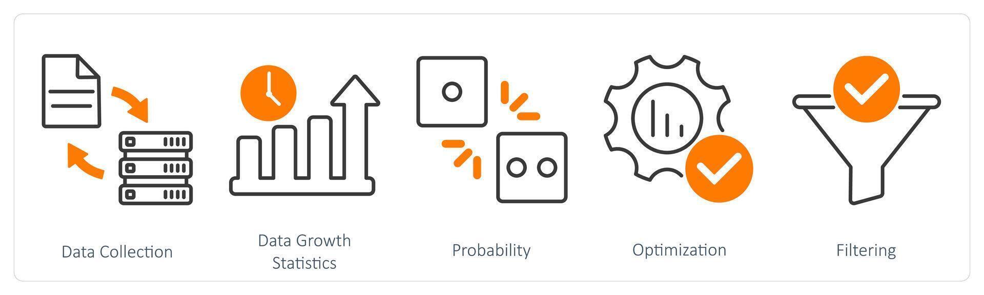 A set of 5 Statistics icons as data collection, data growth statistics, probability vector