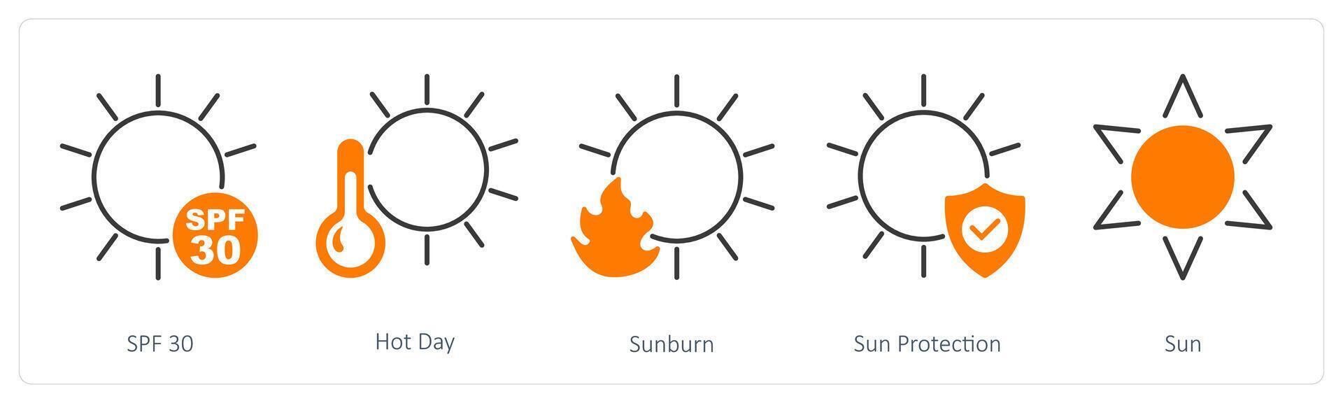 A set of 5 Sun Protection icons as spf 30, hot day, sunburn vector