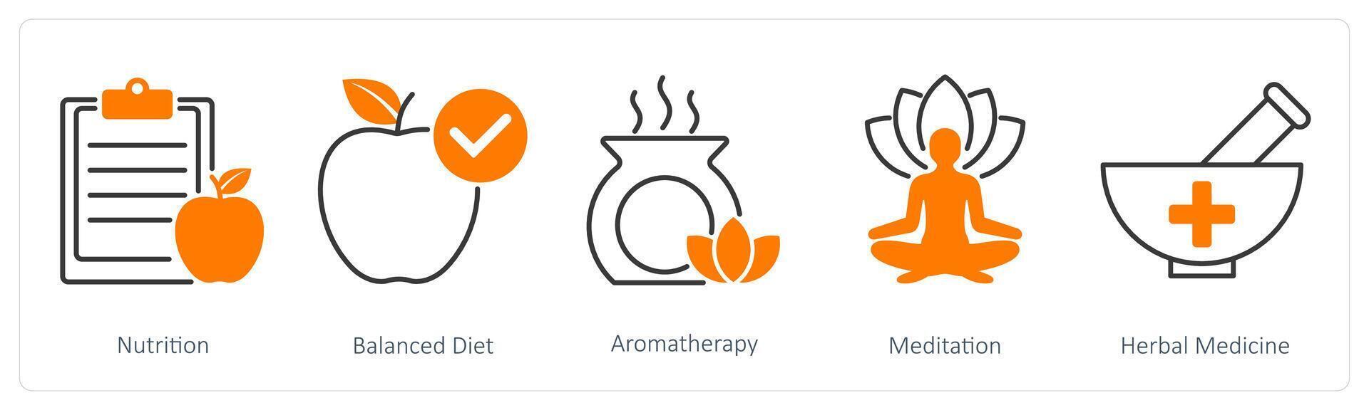 A set of 5 Wellness icons as nutrition, balanced diet, aromatherapy vector