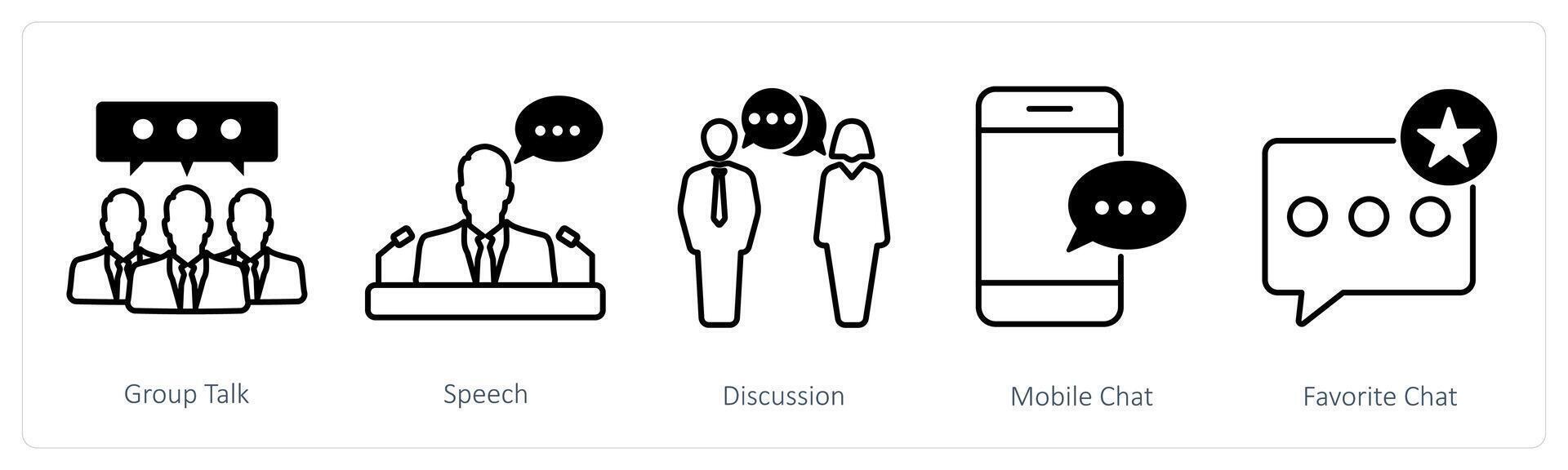 A set of 5 communication icons as group talk, speech, discussion, mobile chat vector