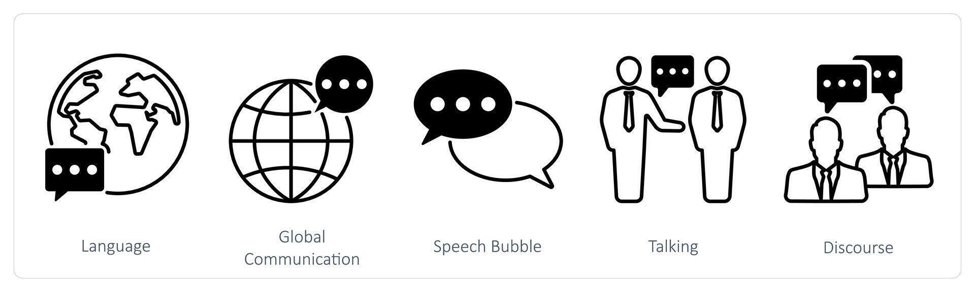 A set of 5 communication icons as language, global communication, speech bubble vector