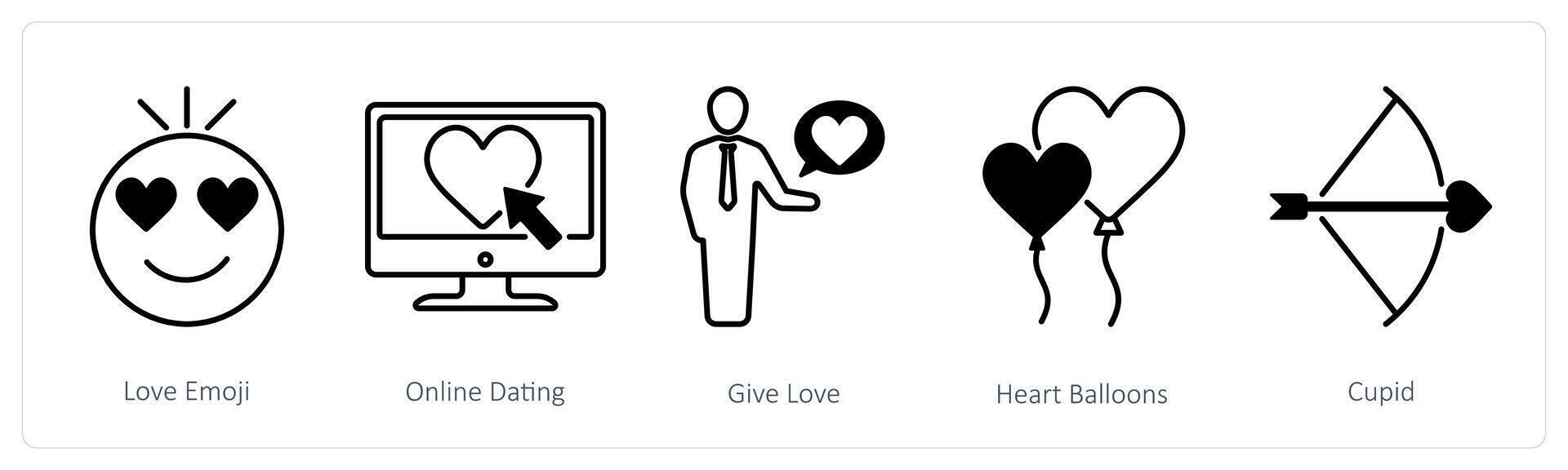 A set of 5 Love and Romance icons as love emoji, online dating, give love vector