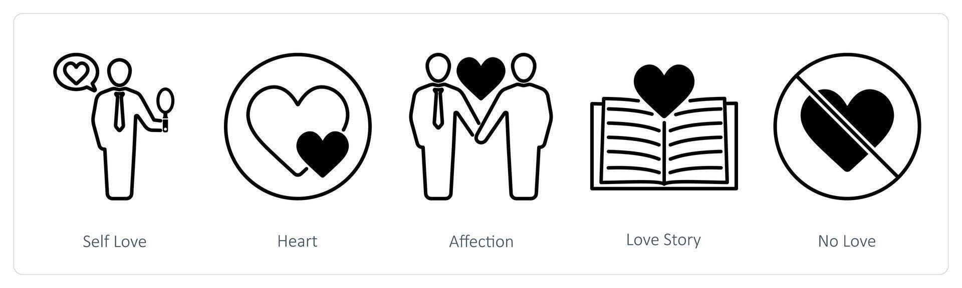 A set of 5 Love and Romance icons as self love, heart, affection vector