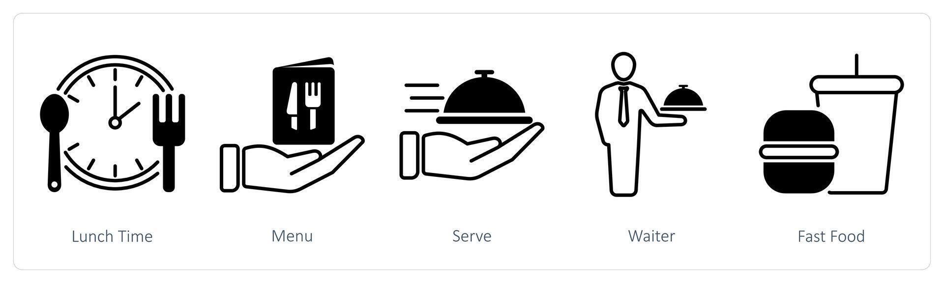 A set of 5 Restaurant icons as lunch time, menu, serve vector