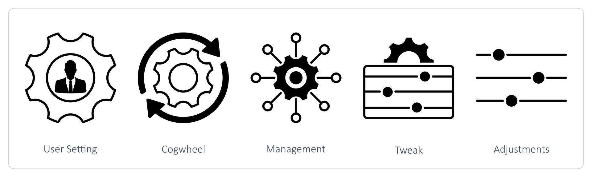 A set of 5 Settings icons as user setting, cogwheel, management vector