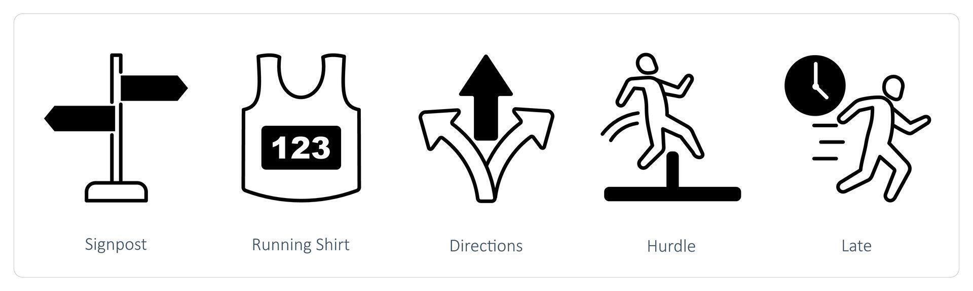 A set of 5 Running icons as signpost, running shirt, directions vector
