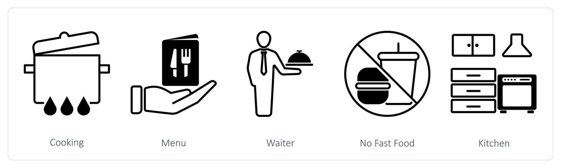 A set of 5 Restaurant icons as cooking, menu, waiter vector
