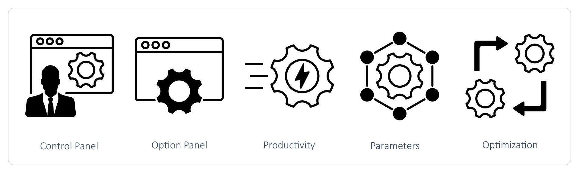 A set of 5 Settings icons as control panel, option paanel, productivity vector