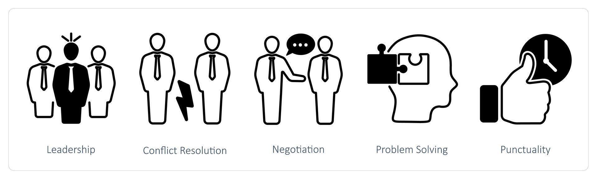 A set of 5 Soft Skills icons as leadership, conflict resolution, negotiation vector