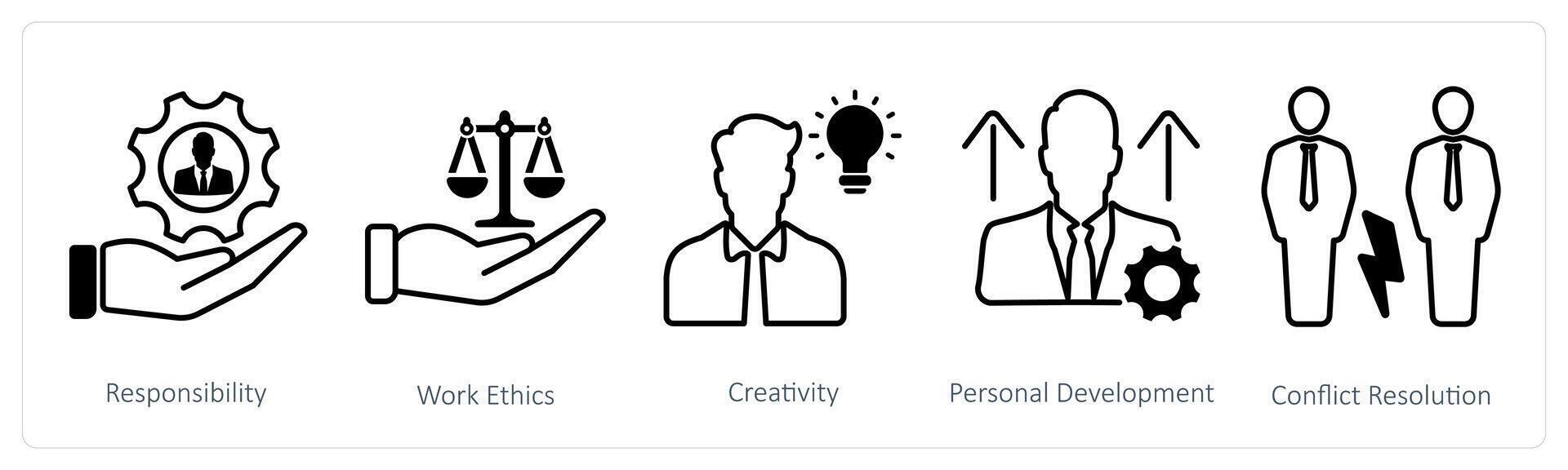 A set of 5 Soft Skills icons as responsibility, work ethics, creativity vector