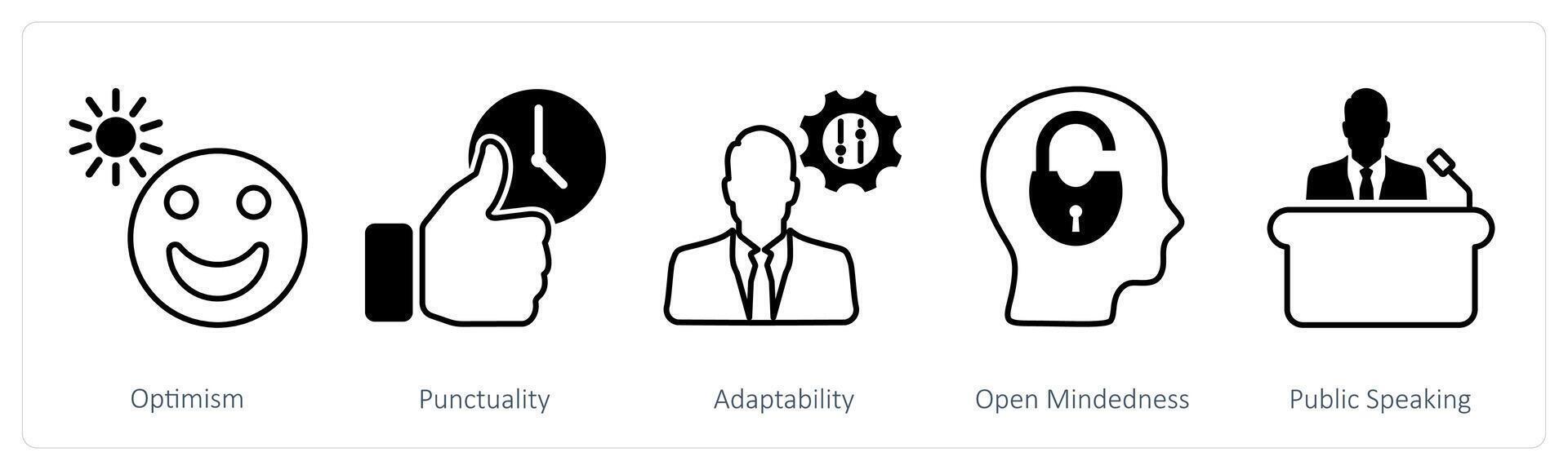 A set of 5 Soft Skills icons as optimism, punctuality, adaptability vector