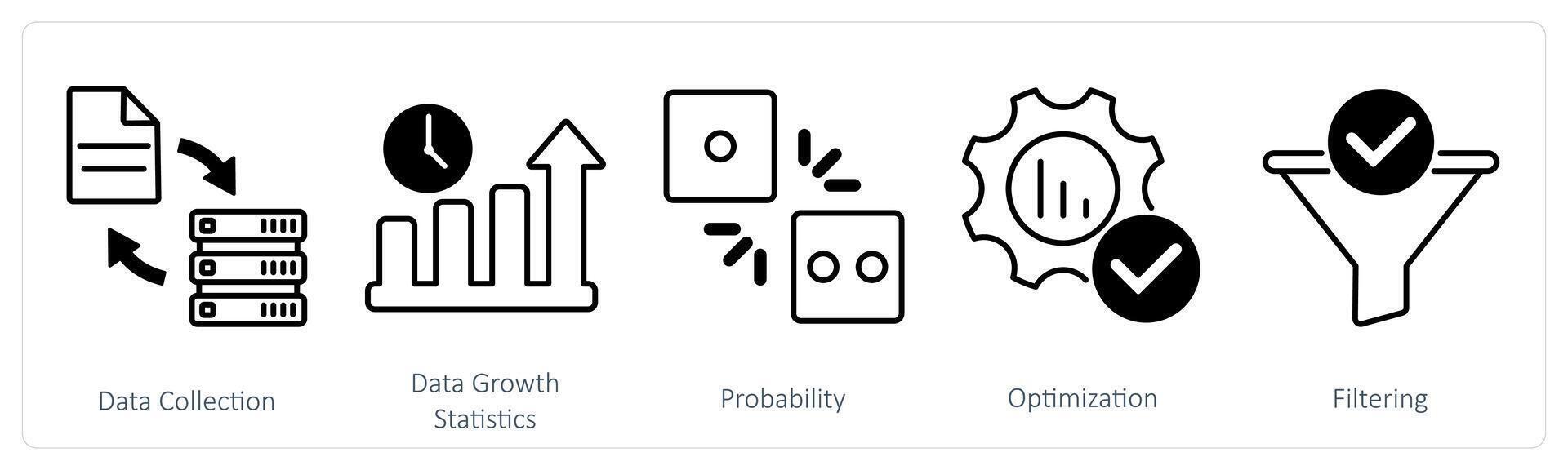 A set of 5 Statistics icons as data collection, data growth statistics, probability vector