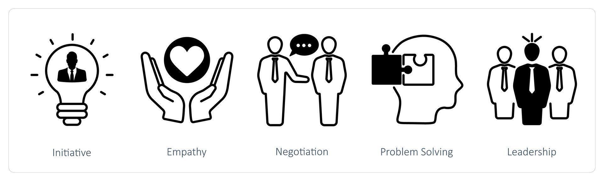 A set of 5 Soft Skills icons as initiative, empathy, negotiation vector