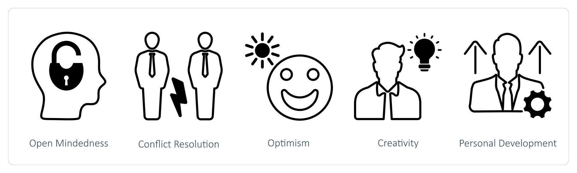 A set of 5 Soft Skills icons as open mindedness, conflict resolution, optimism vector