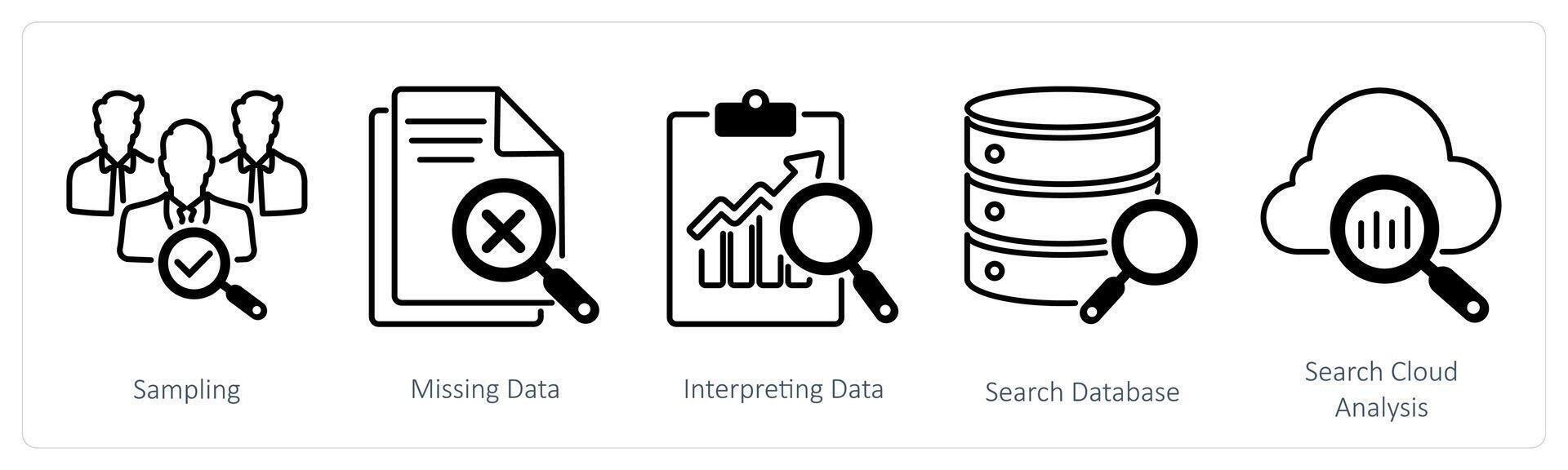 A set of 5 Statistics icons as sampling, missing data, interpreting data vector