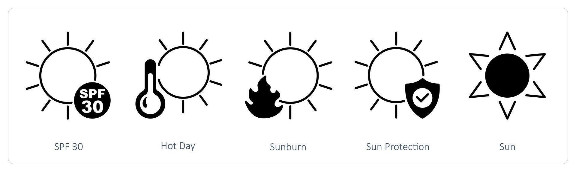 A set of 5 Sun Protection icons as spf 30, hot day, sunburn vector