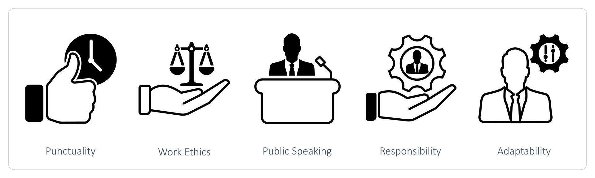 A set of 5 Soft Skills icons as punctuality, work ethics, public speaking vector
