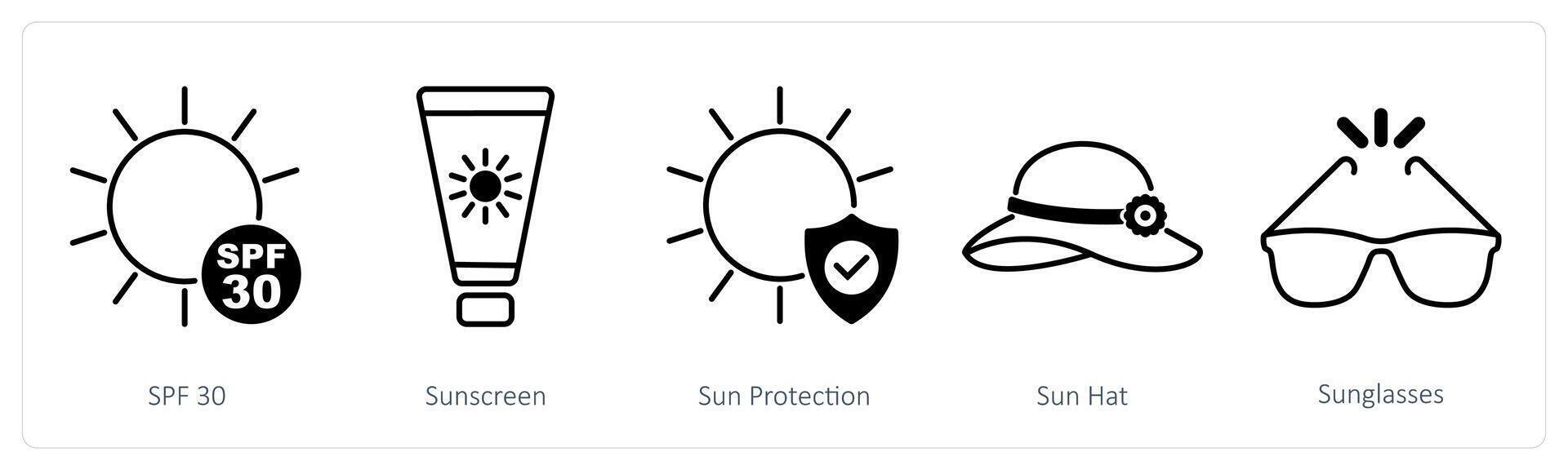 A set of 5 Sun Protection icons as spf 30, sunscreen, sun protection vector