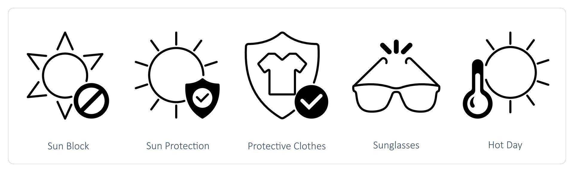 A set of 5 Sun Protection icons as sun block, sun protection, protective clothes vector
